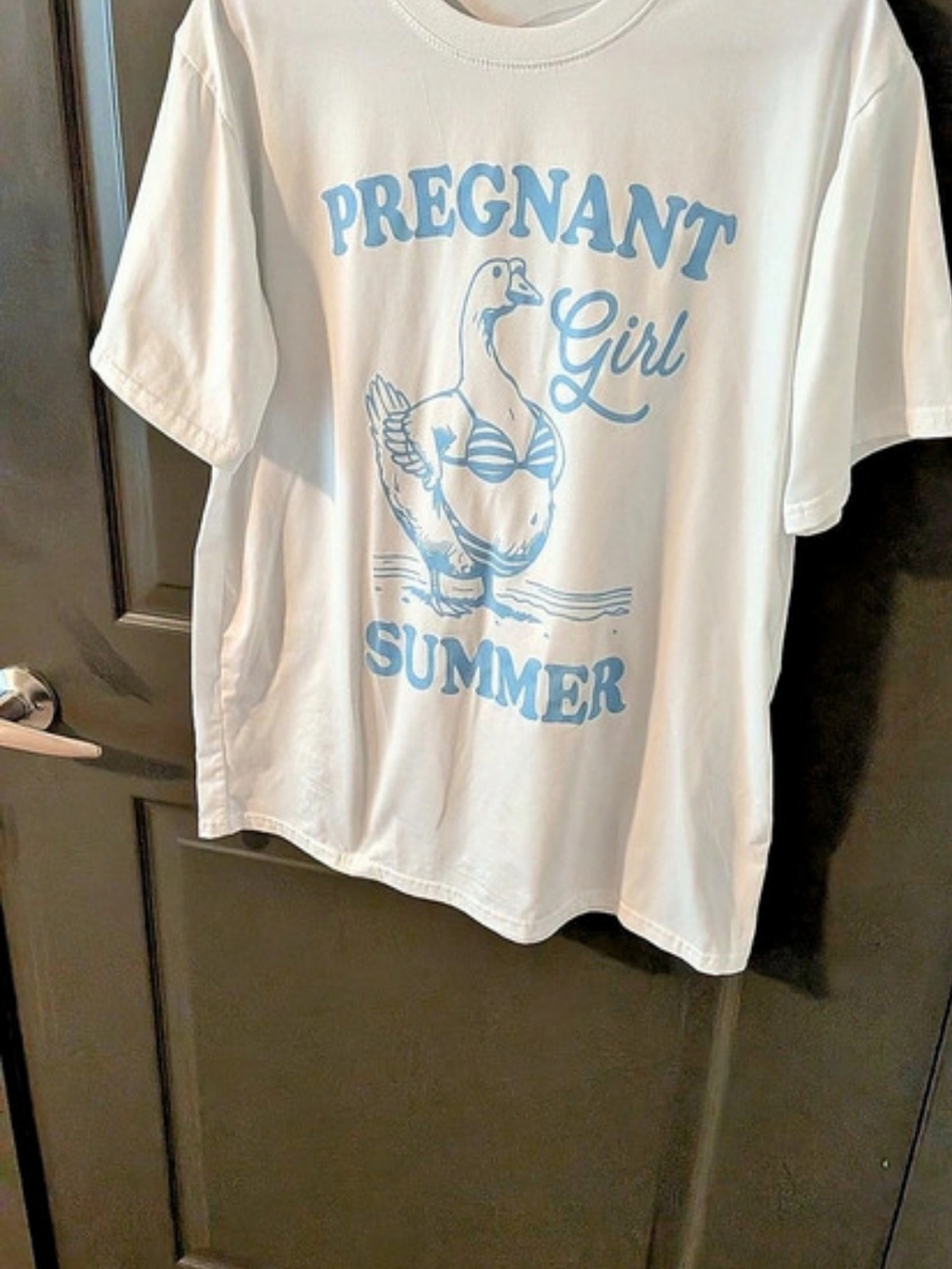 Pregnant Girl Summer Goose T-Shirt Graphic Tee in White & Blue